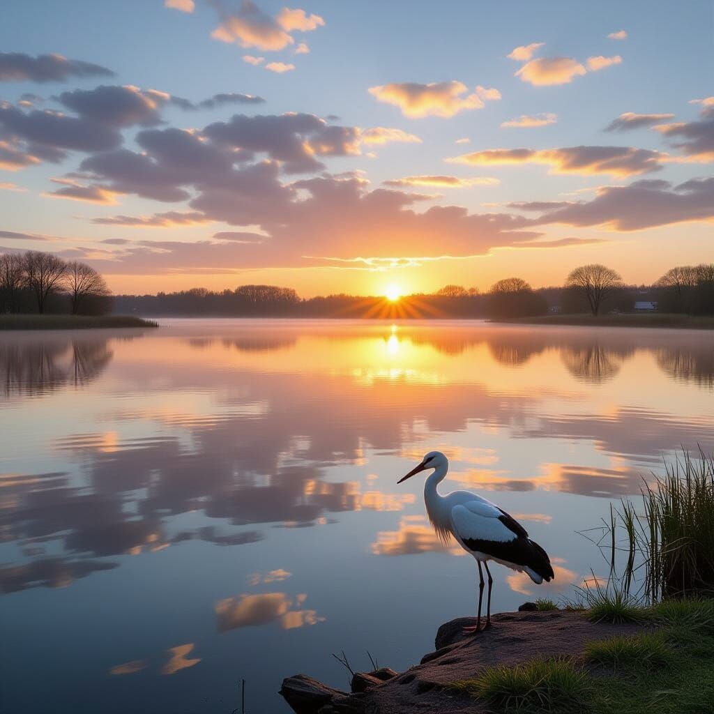 Tranquil Lake Sunset with Lone Stork