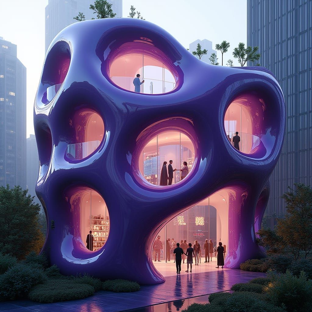 Surreal Futuristic Organic Building in Dark Purple Plastic w...