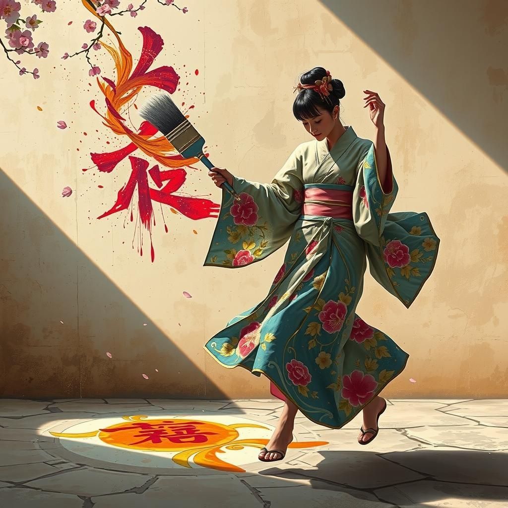 Japanese Princess Dancing with Paintbrush in Dreamlike Fusio...