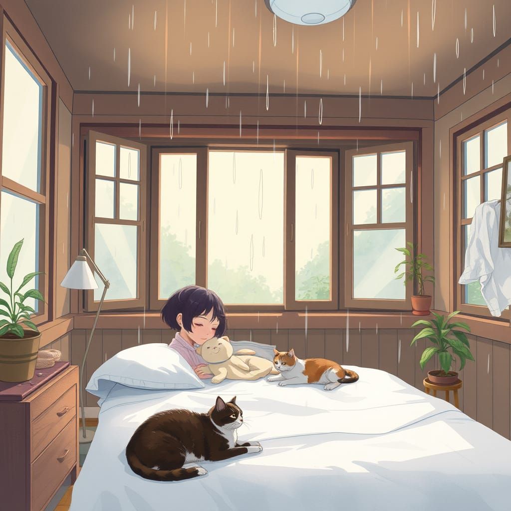 Cozy Anime Apartment with Cats in Watercolor Style