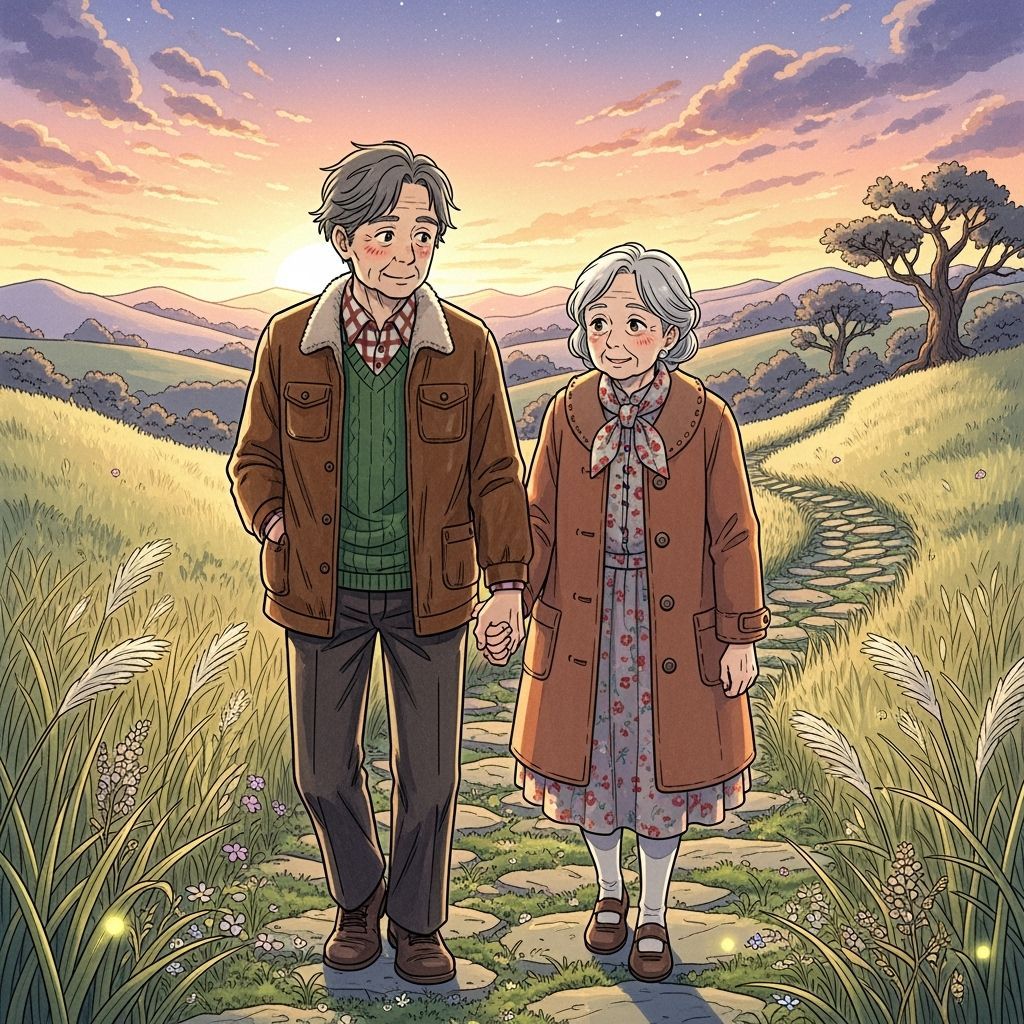 Elderly Couple's Golden Hour Walk in Nature