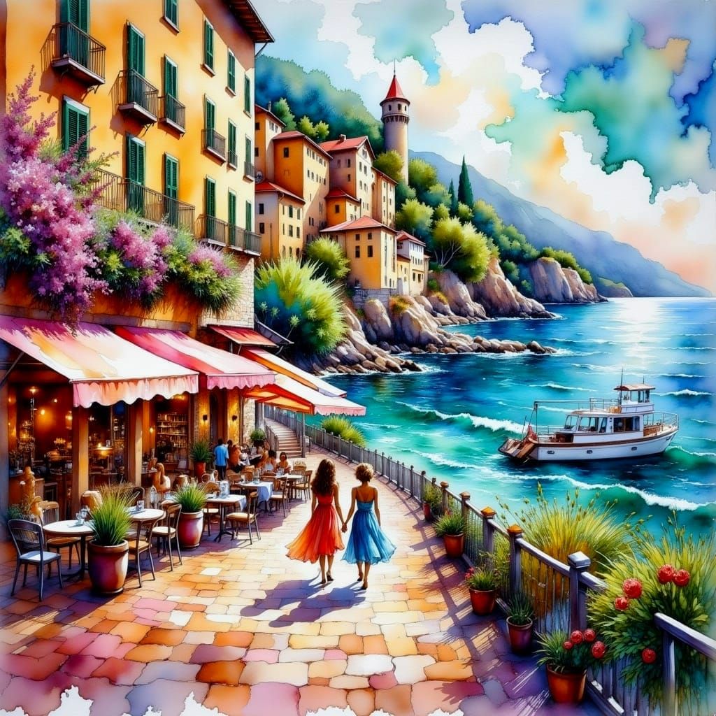 Surreal Watercolor Painting of Monaco's Castle and Coastline