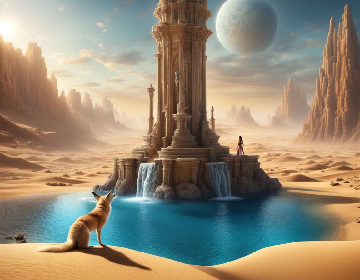 Desert Oasis with Woman and Fox