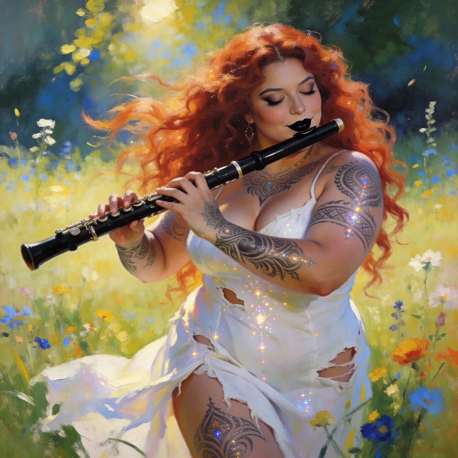 Divine BBW Goddess Musician in Sun-Dappled Meadow Oil Painti...