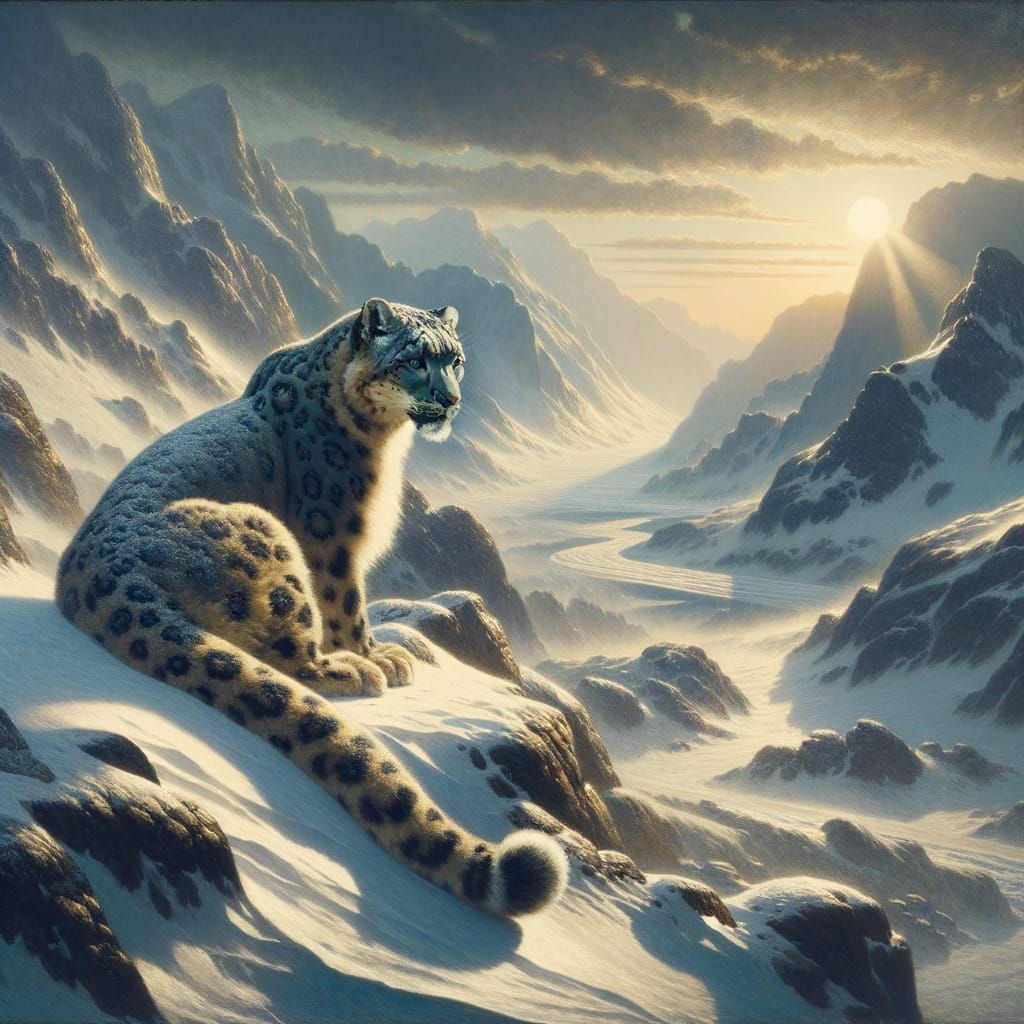 Majestic Snow Leopard in Dramatic Mountain Light