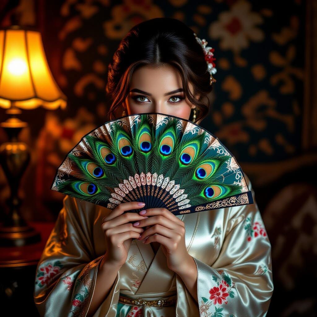 Woman in Vintage Robe with Peacock Fan