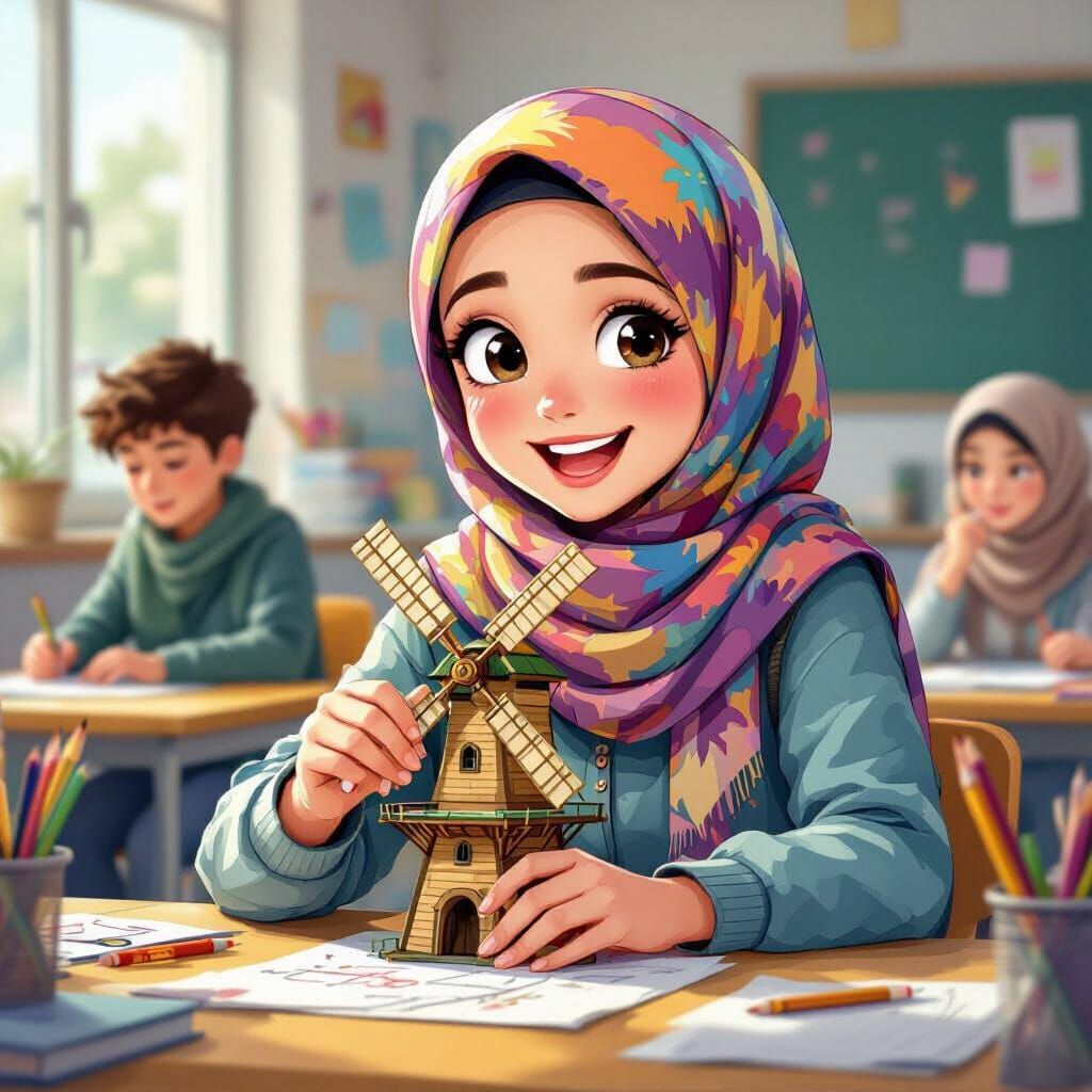 Hijabi Student Building Windmill, Painterly Style