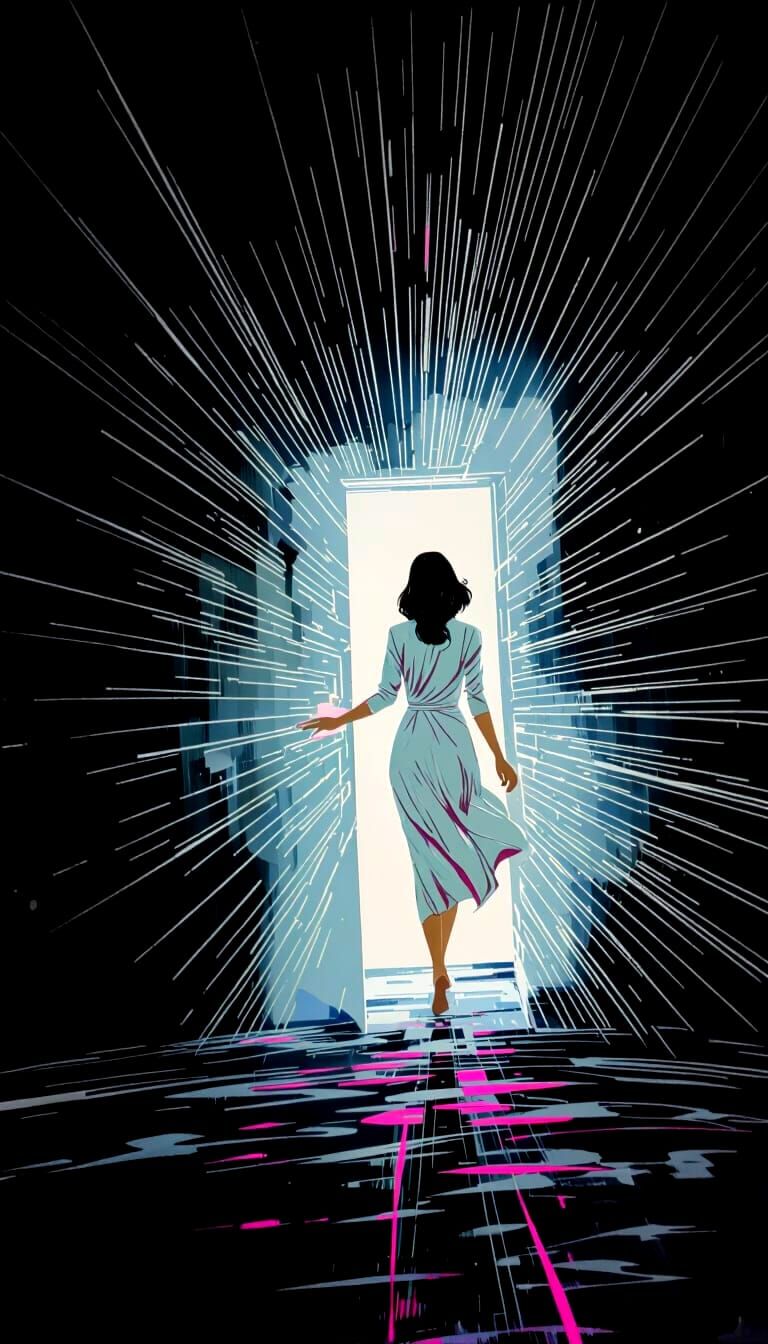 Magenta Light Bursts Through White Portal in Surreal Style