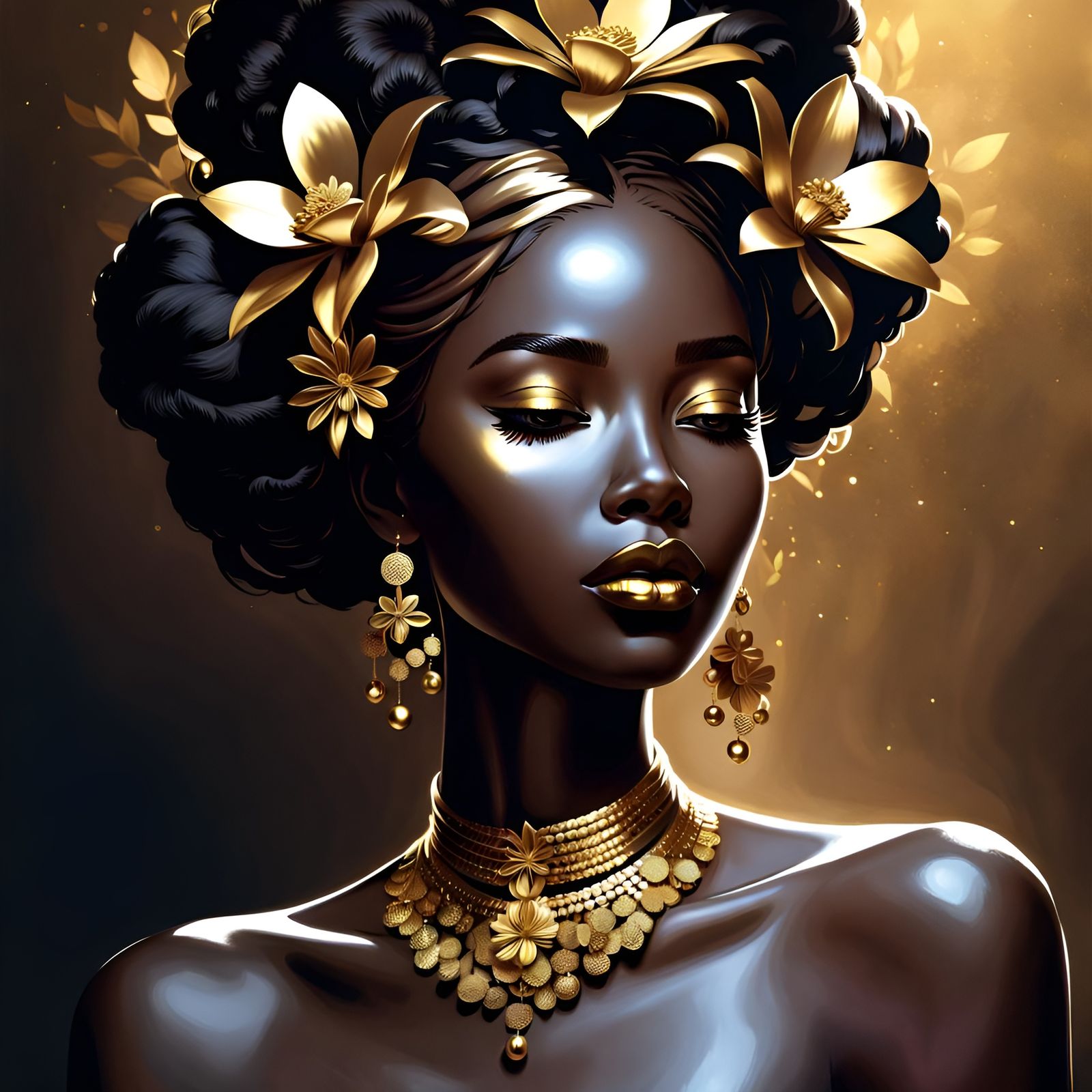 Woman with Gold Flowers: Detailed Digital Art