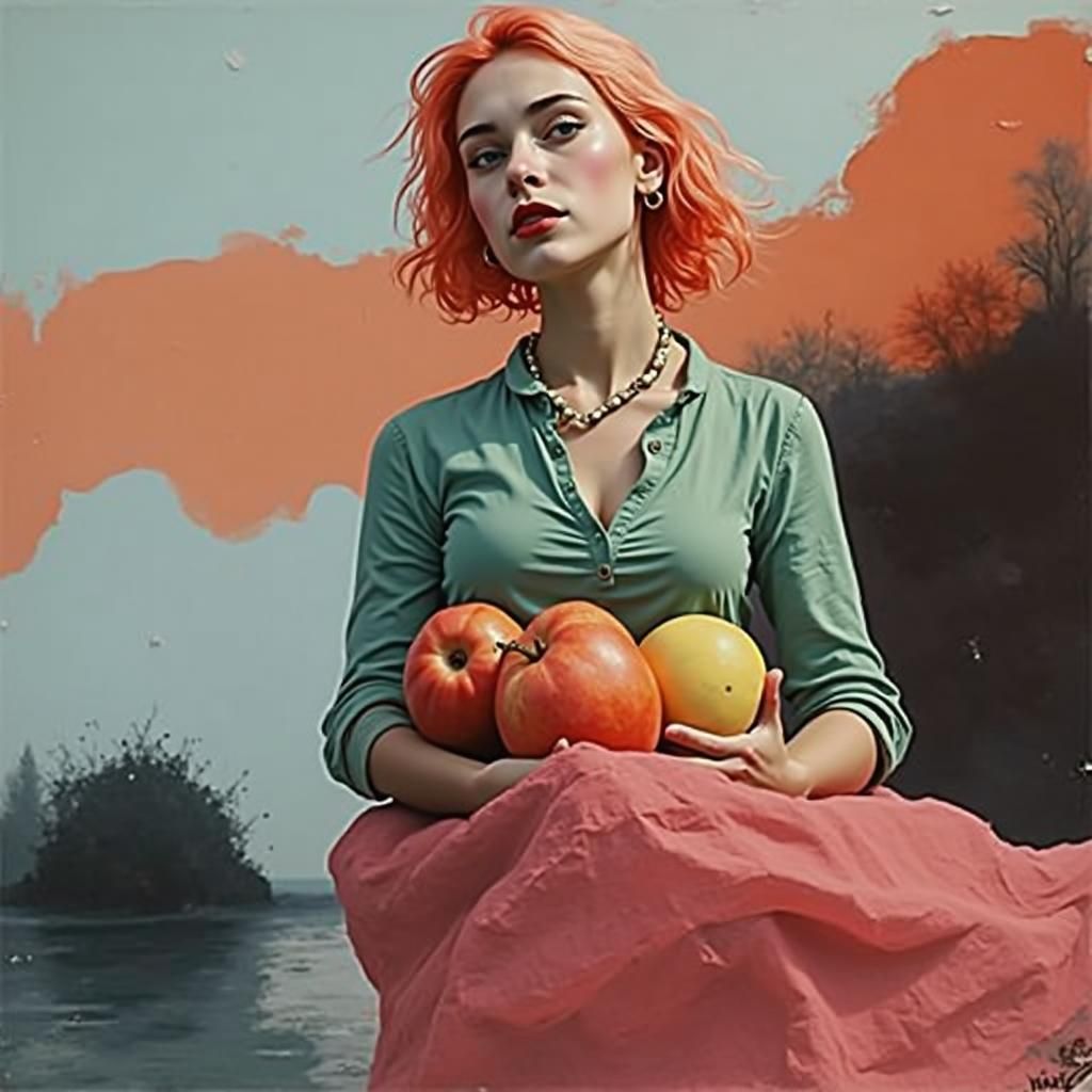 Woman with Apples in Art Brut Style