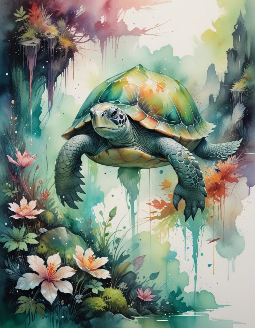 Aurora Lagoon Turtle: Watercolour Temple Ruins