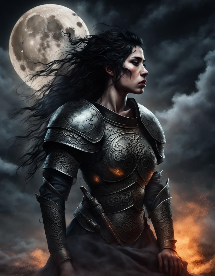Sorrowful Warrior Woman in Moonlit Desolation