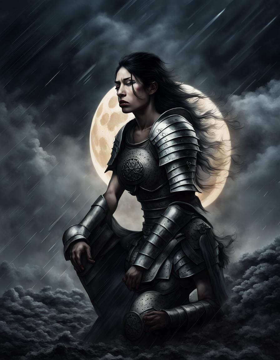 Sorrowful Warrior Woman Kneeling Under Moonlight