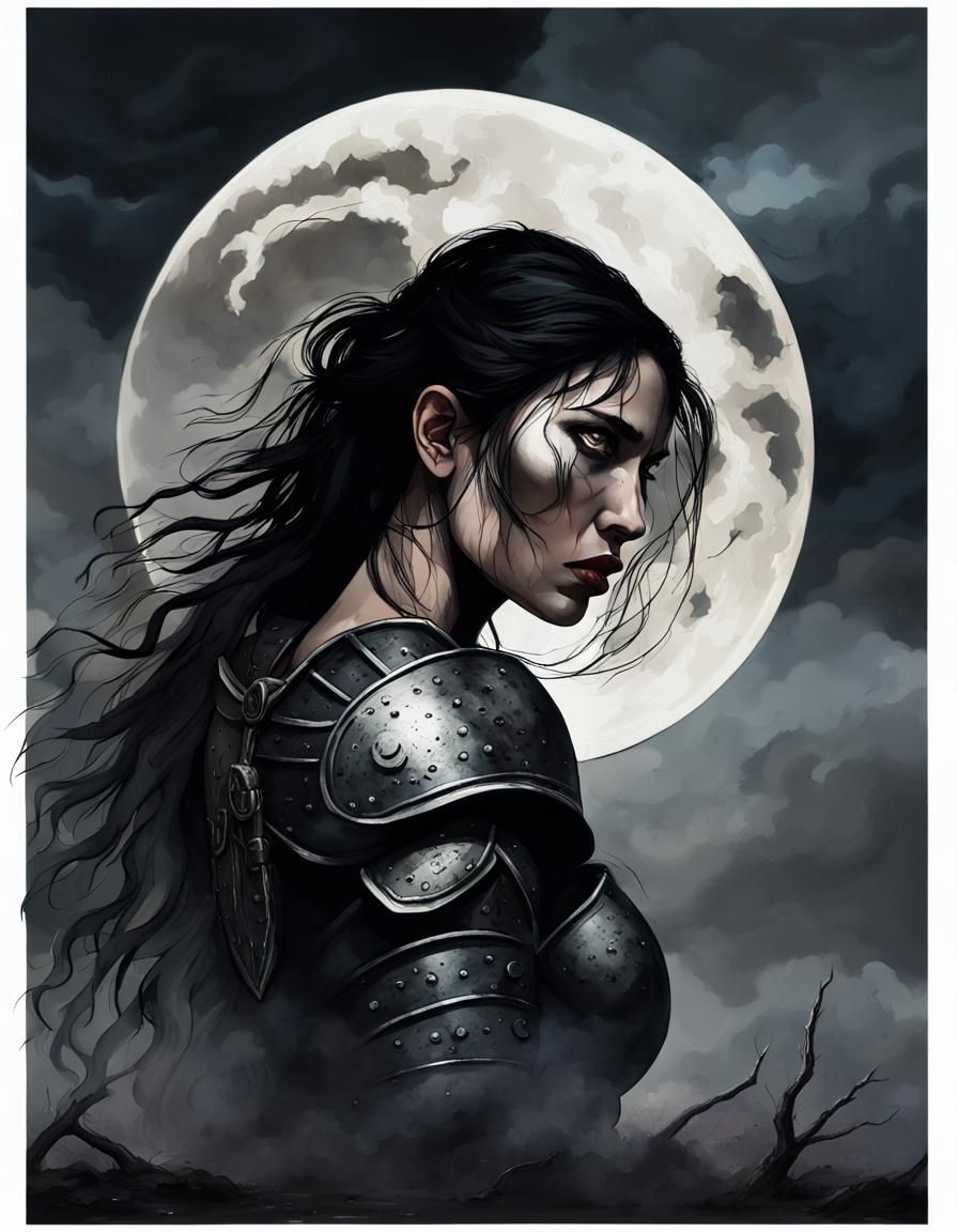 Moonlit Warrior's Grief in Stormy Battlefield