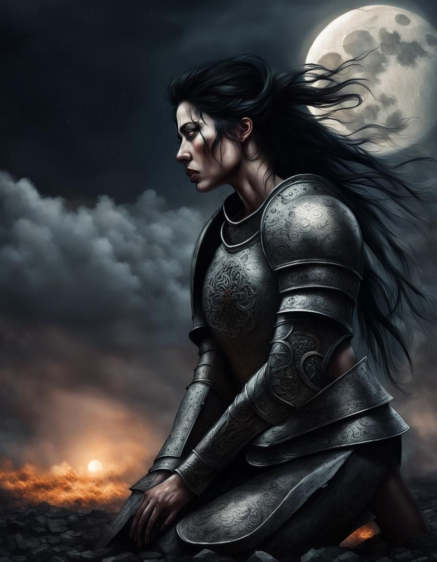 Mourning Warrior Woman in Moonlit Ruin