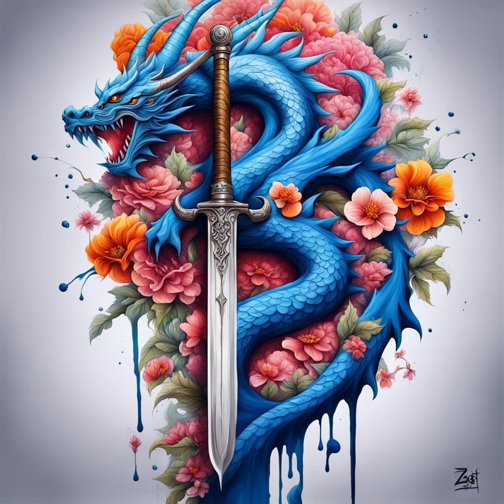 Blue Dragon on Warrior Sword in Graffiti Art