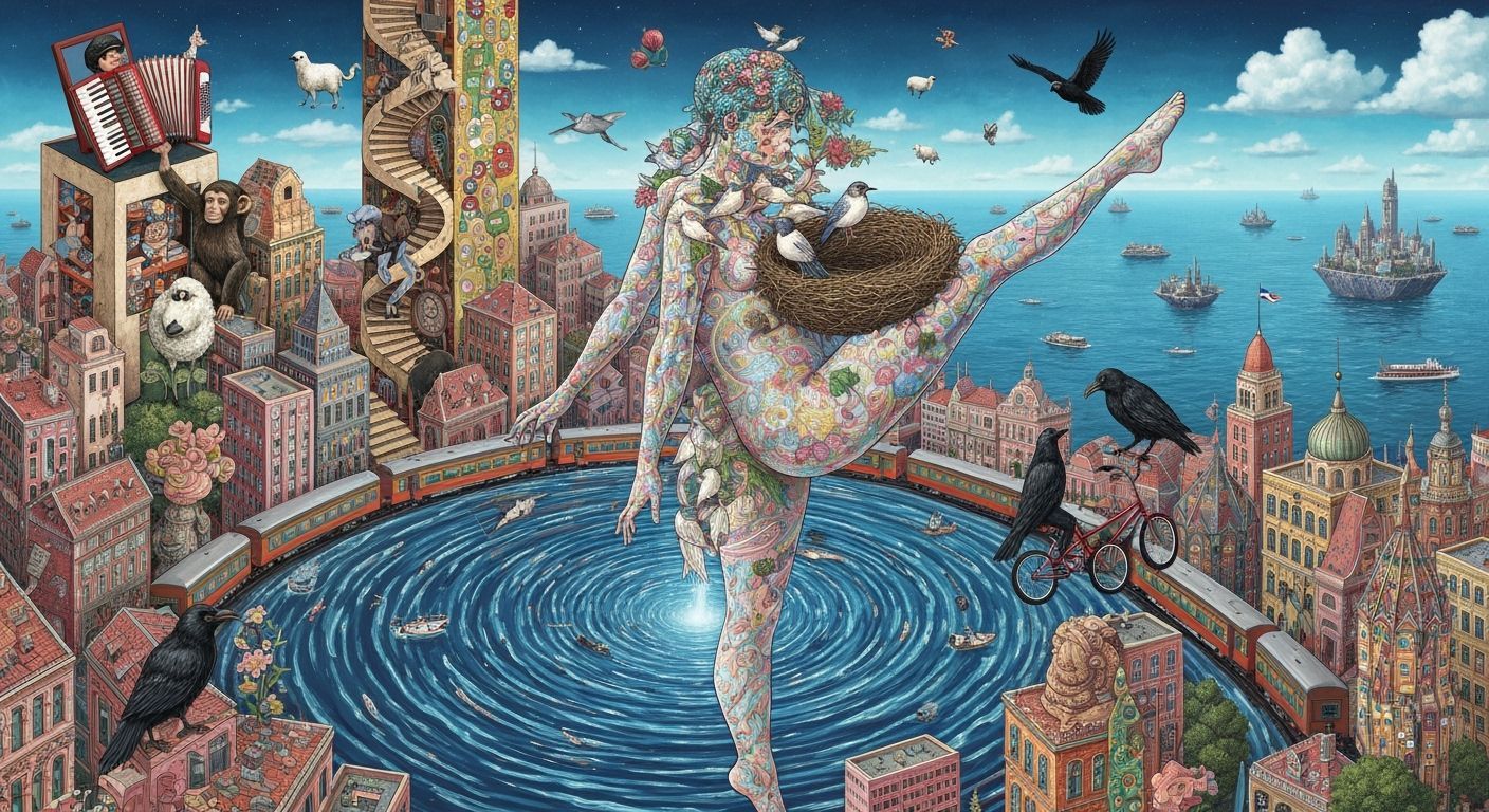 Bioluminescent Figure Above Whirlpool City: Surreal Art