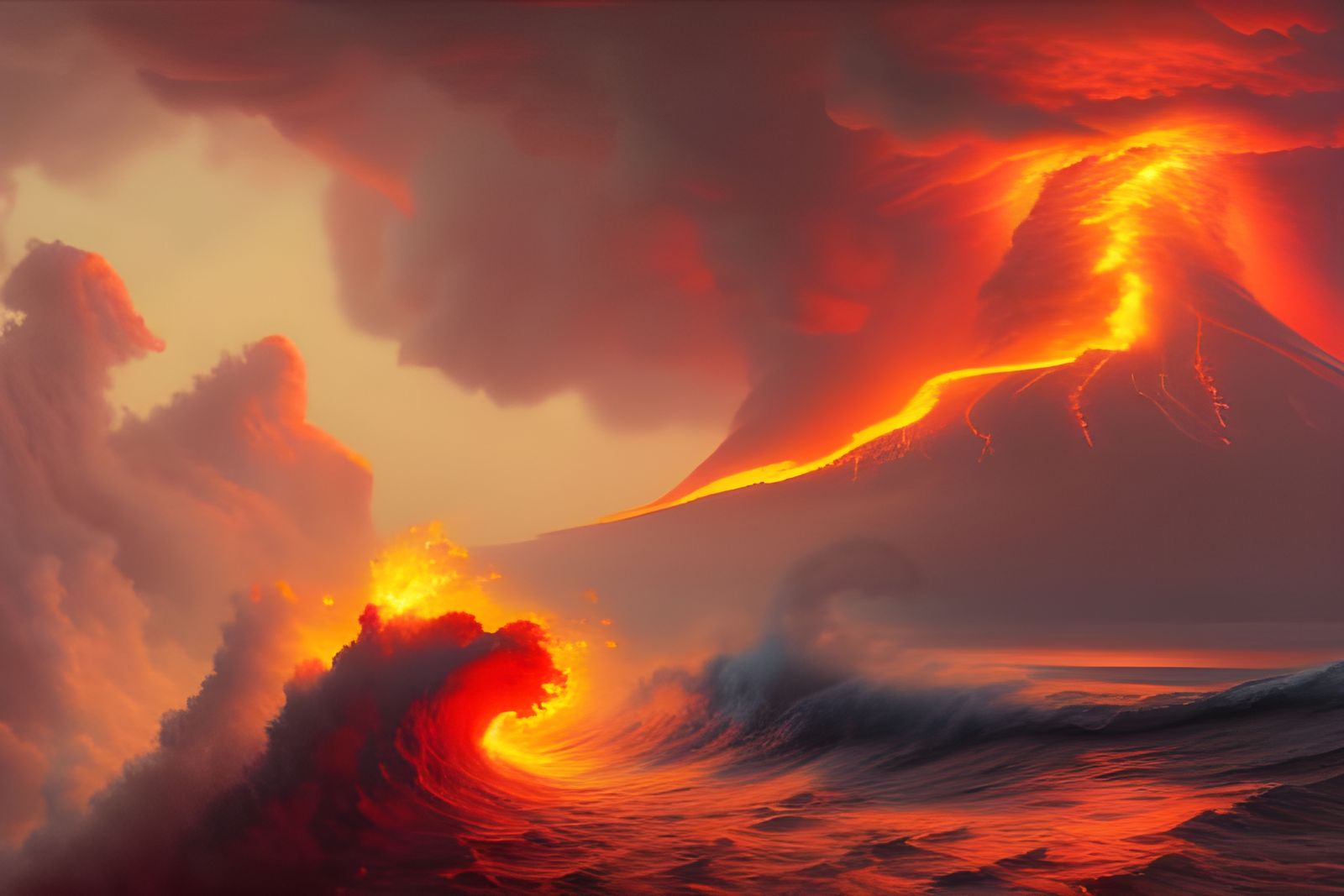 Volcanic Island Eruption on Stormy Sea