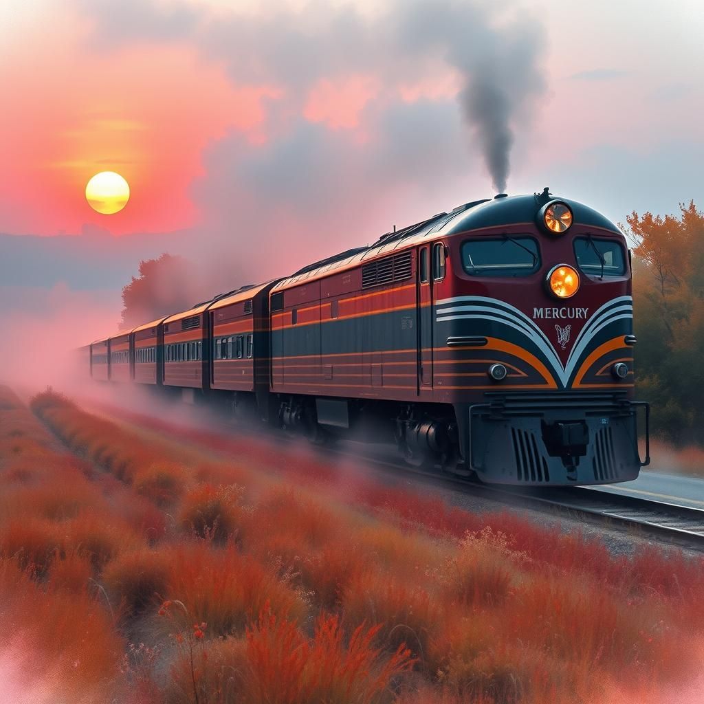 Mercury Train in Midwest Sunset, Watercolor Painting