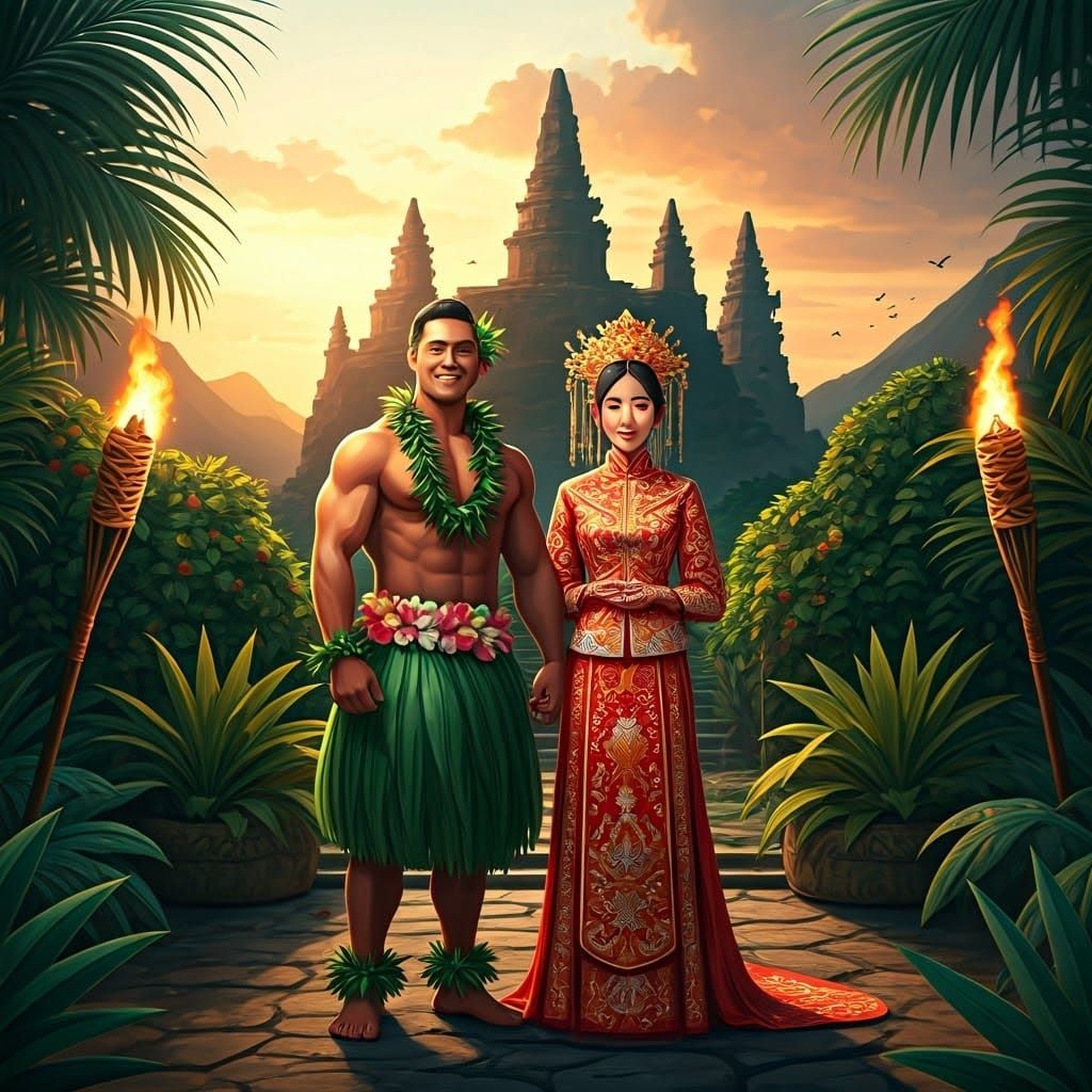 Hawaiian Luau Chinese Wedding Ceremony in Vibrant Digital Ar...