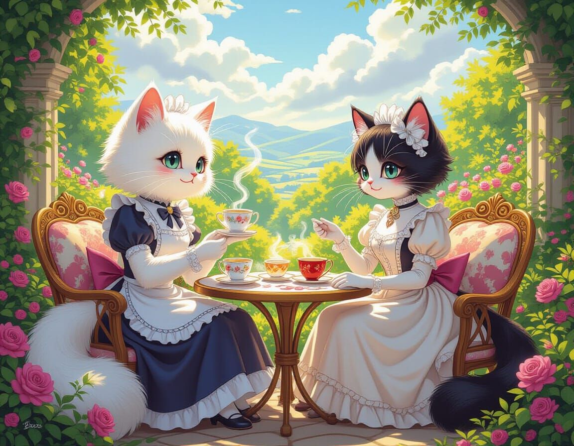 Cats in Victorian Garden: Anthropomorphic Anime Art