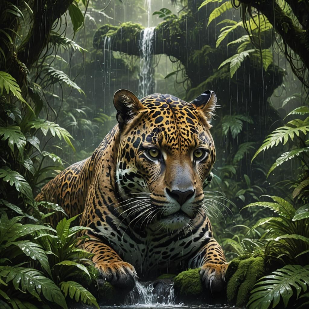 Majestic Jaguar in Lush Jungle, Fantasy Matte Painting