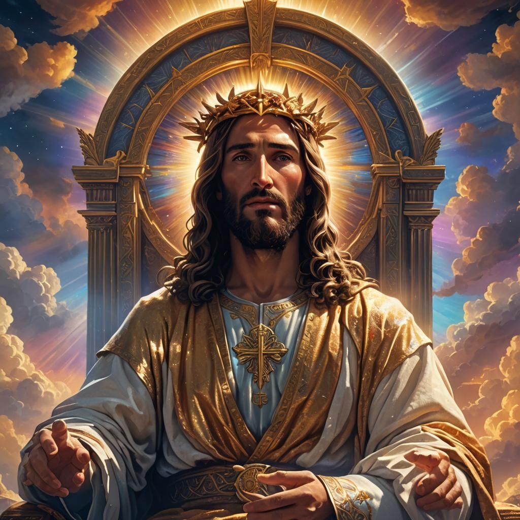 Jesus Christ in heaven setting the throne read a bible