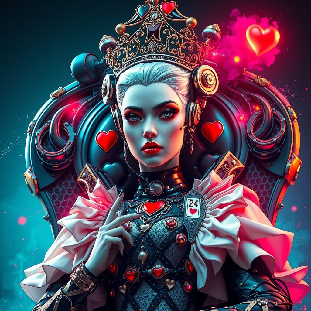 Futuristic Queen of Hearts in Cybernetic Regal Style