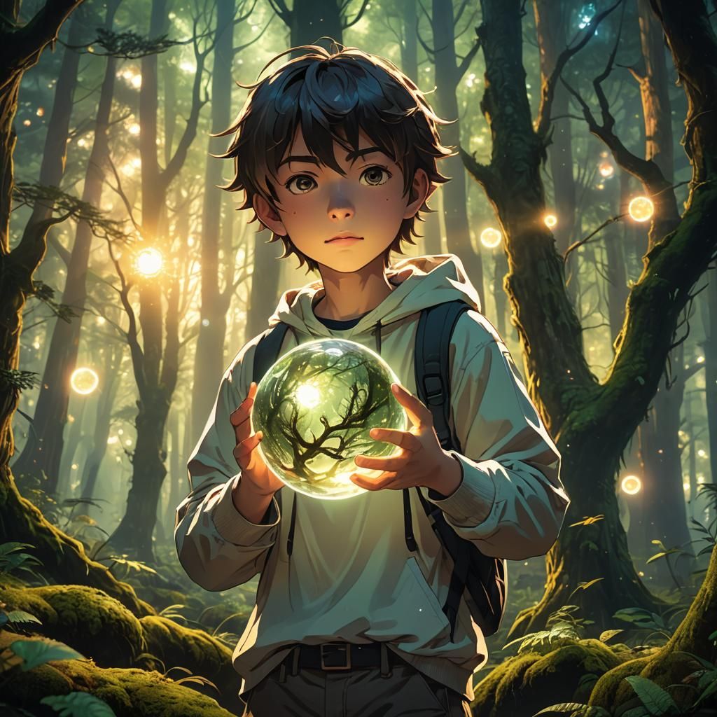 Anime Teenager Holding Glowing Orb in Mystical Forest