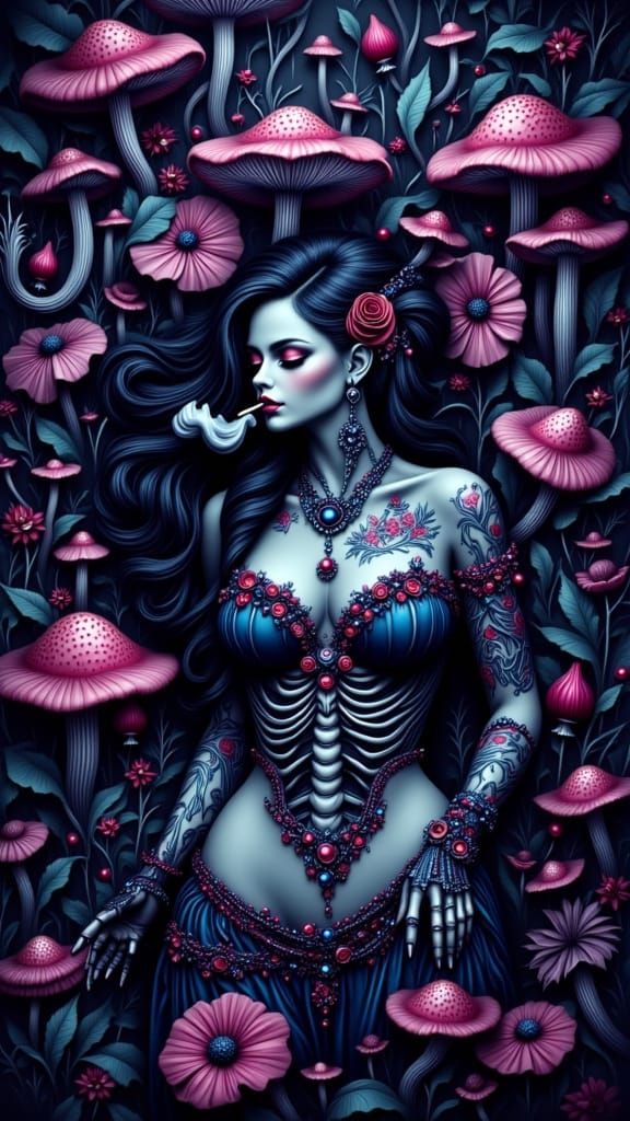Gothic Woman in Psychedelic Mushroom Field