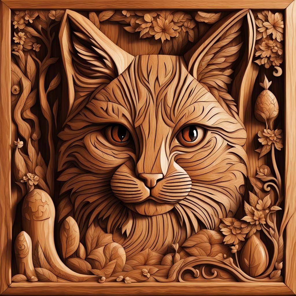 Intricate Wooden Carving of a Fairytale Cat
