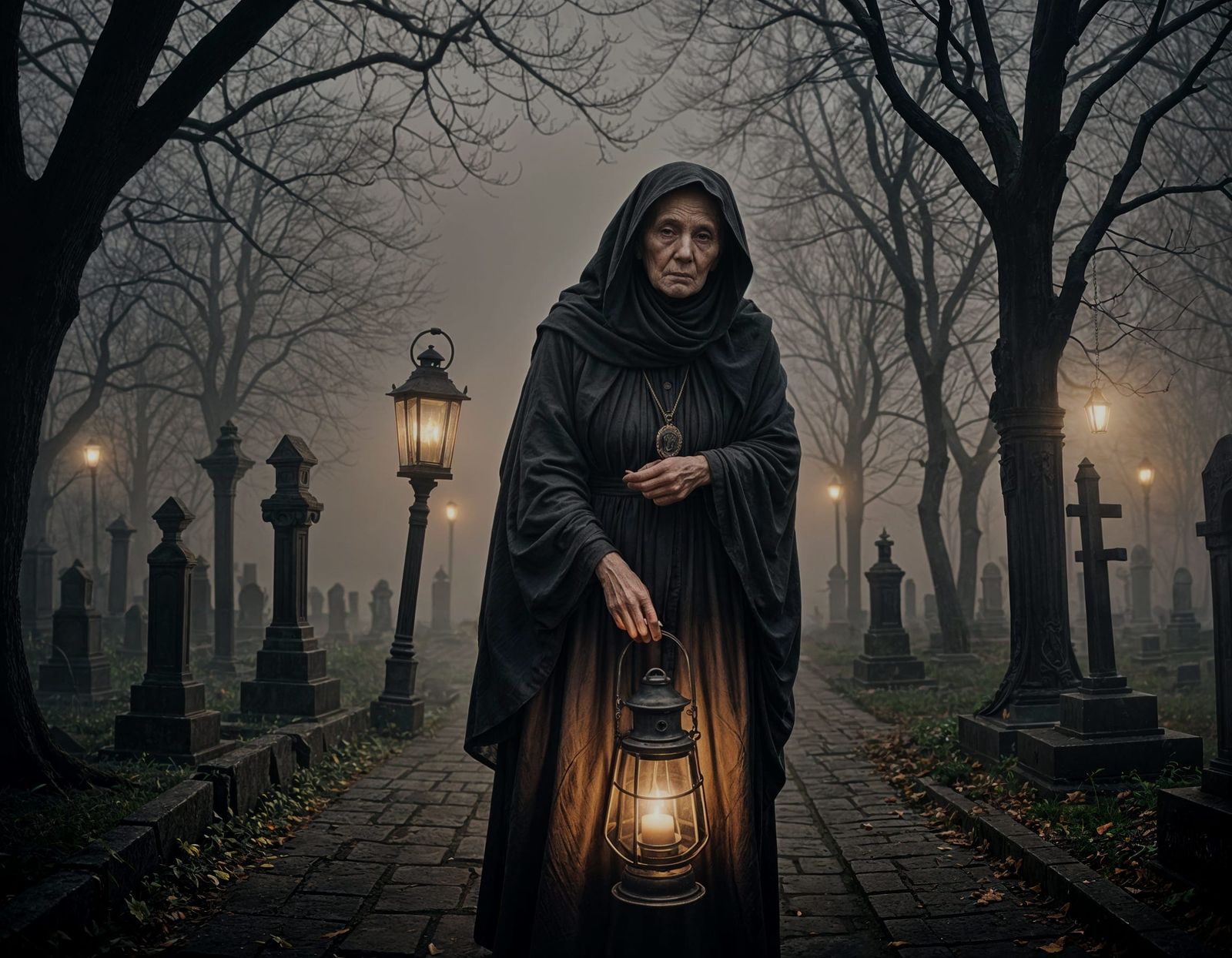 Scary Old Woman with Lantern in Cemetery