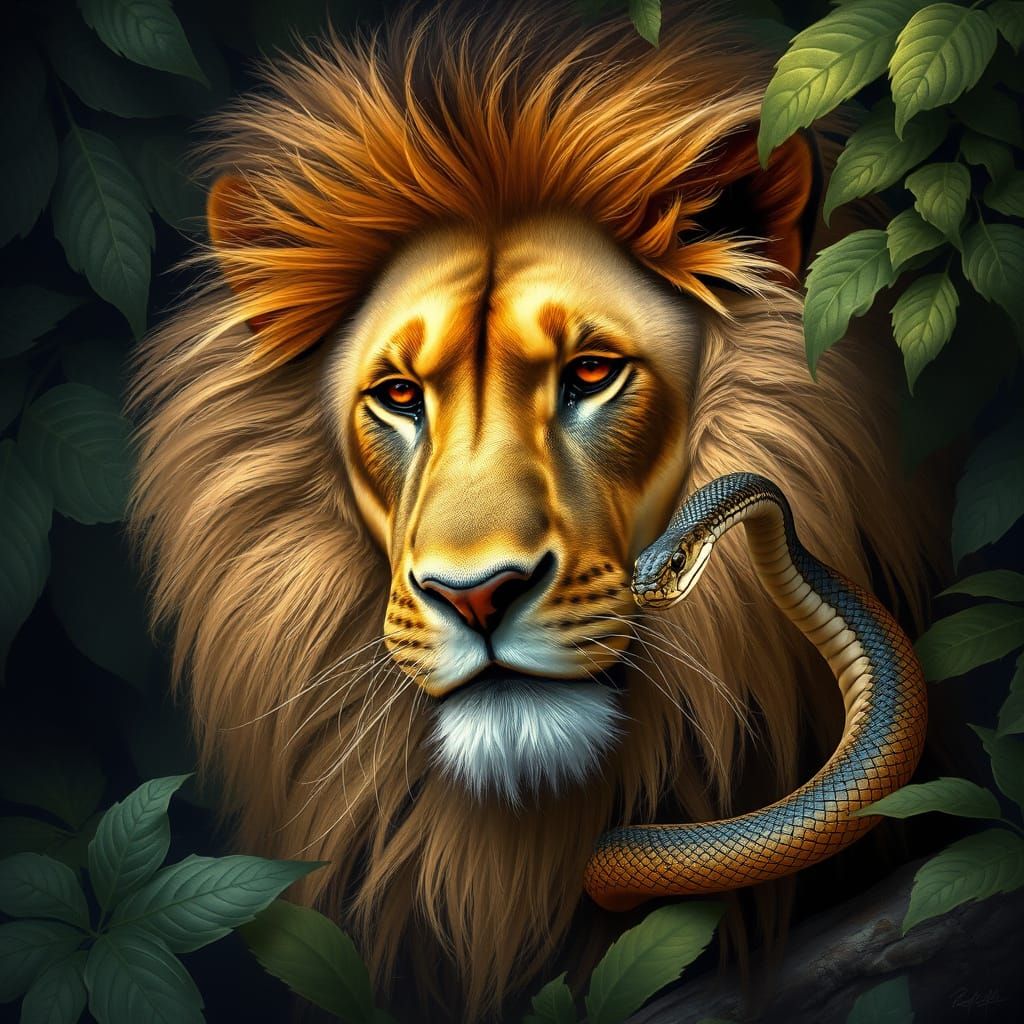 Lion and Snake Jungle Secret: Realism Art