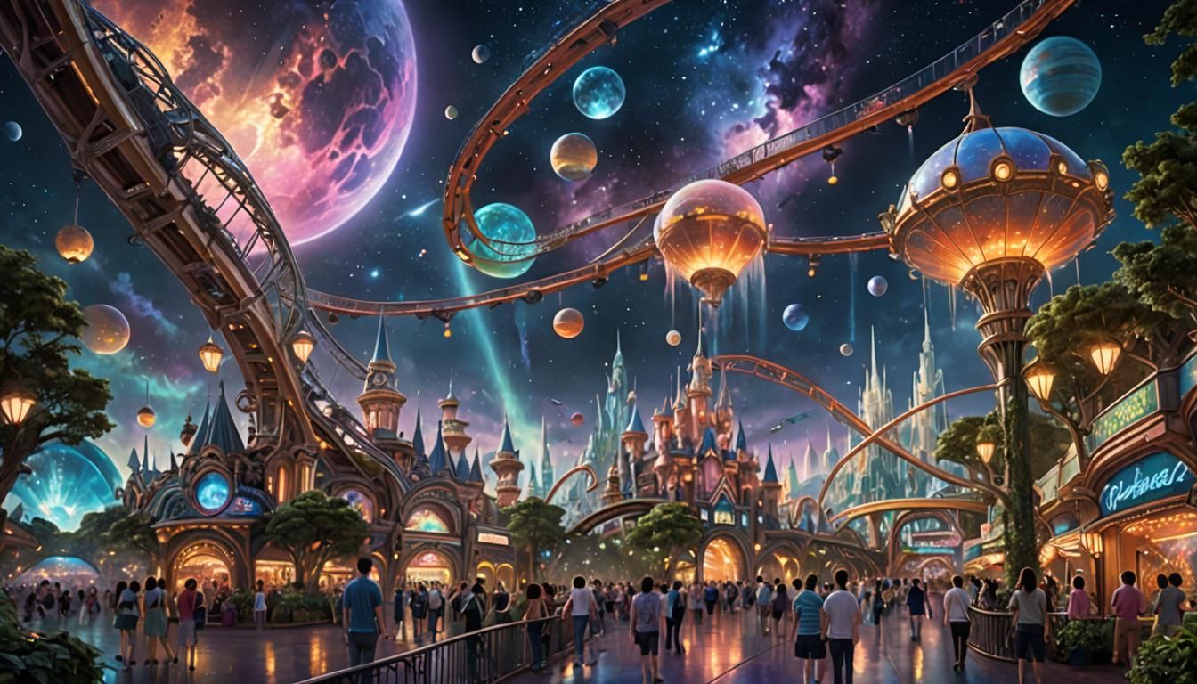 Space Theme Park Cityscape in Digital Painting Style