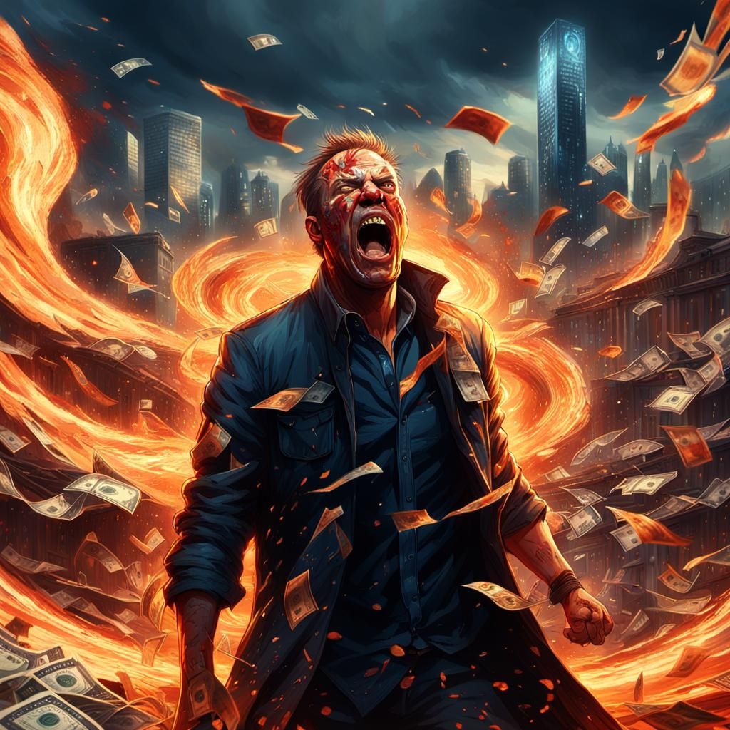 Furious Man in War Zone with Swirling Money