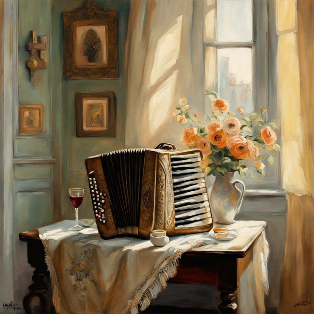 Serene Sunlit Room with Vintage Accordion - Impressionist Pa...