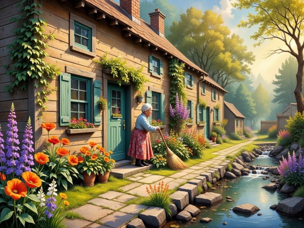 Golden Country Cottage Scene with Elderly Woman Sweeping Pat...