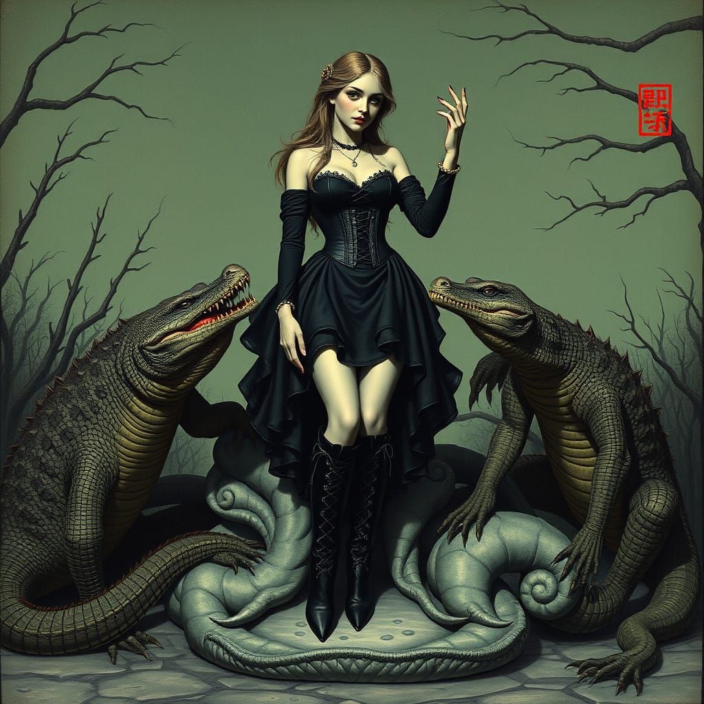 Dark Woman in Corseted Gown with Reptile Elements in Ukiyo-e...