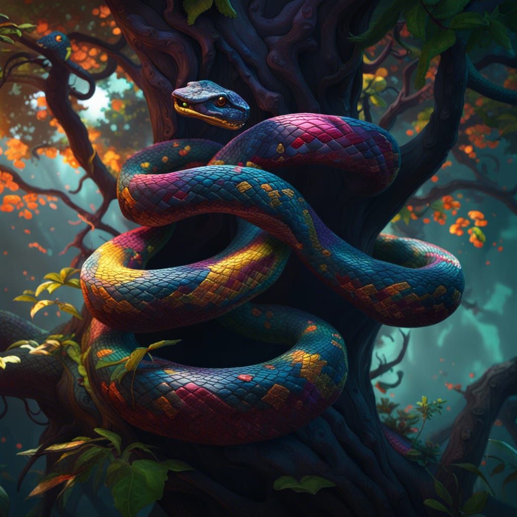 Detailed Snake in Tree, Dark Fantasy Art
