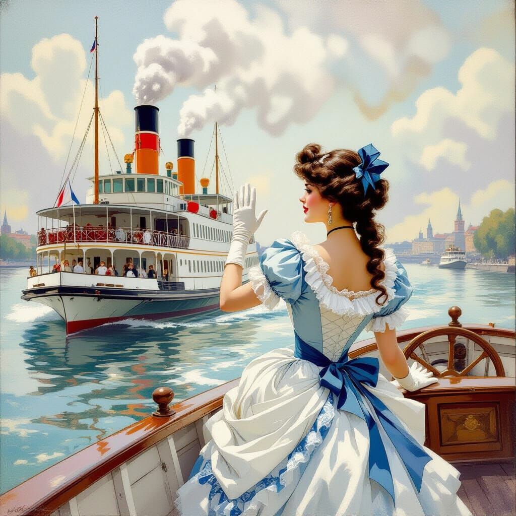 Elegant Woman Waves From Antique Steamer Ship