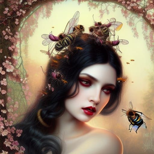 Bee Queen Goddess with Swarming Bees