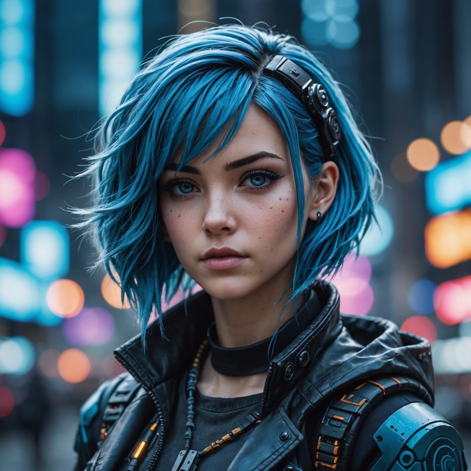 Cyberpunk Girl with Blue Hair and Bokeh