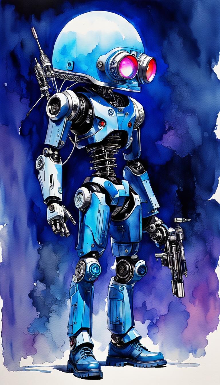 Cyborg Model in Cyberpunk Watercolor Style