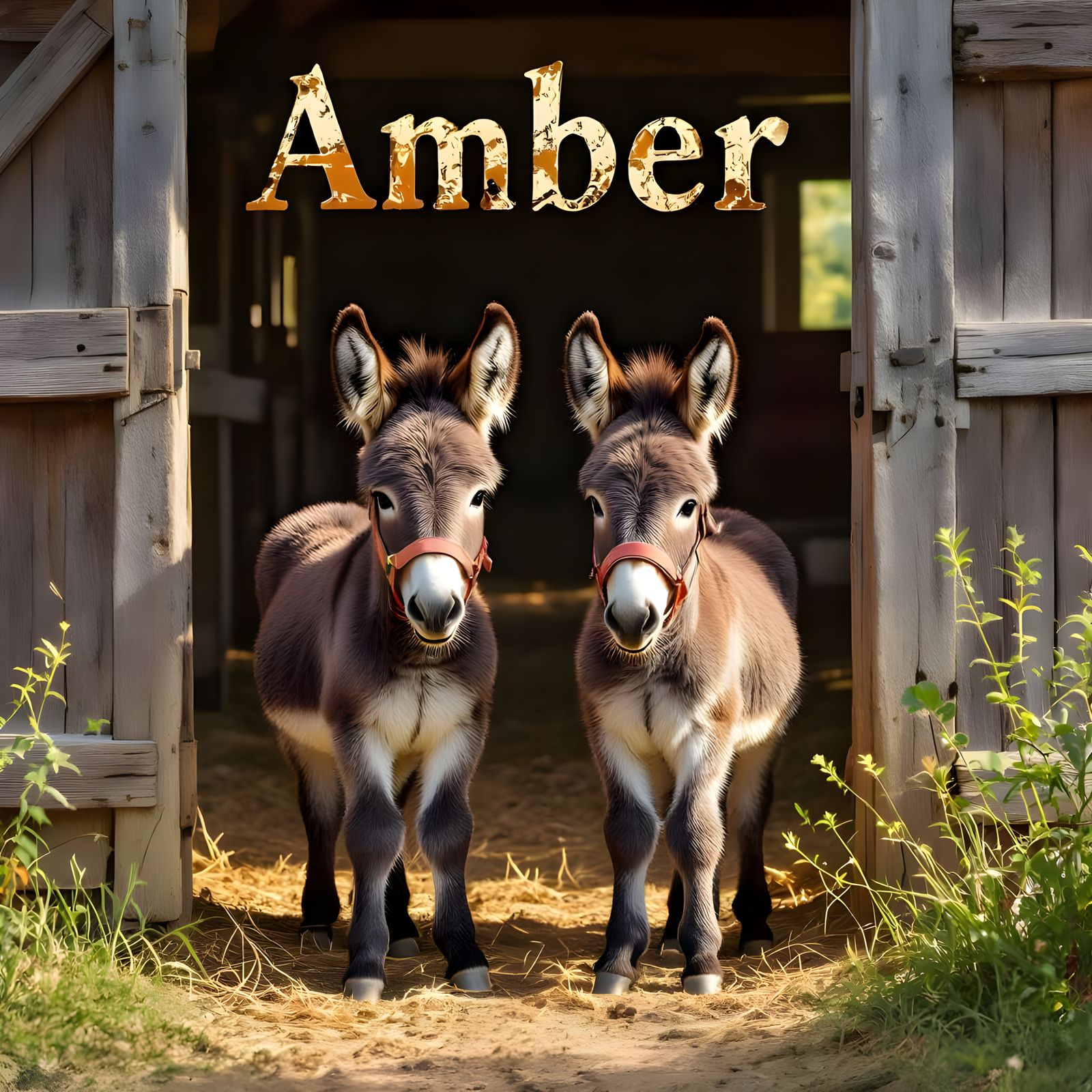 Baby Donkeys in Barn Door, Rustic Charm