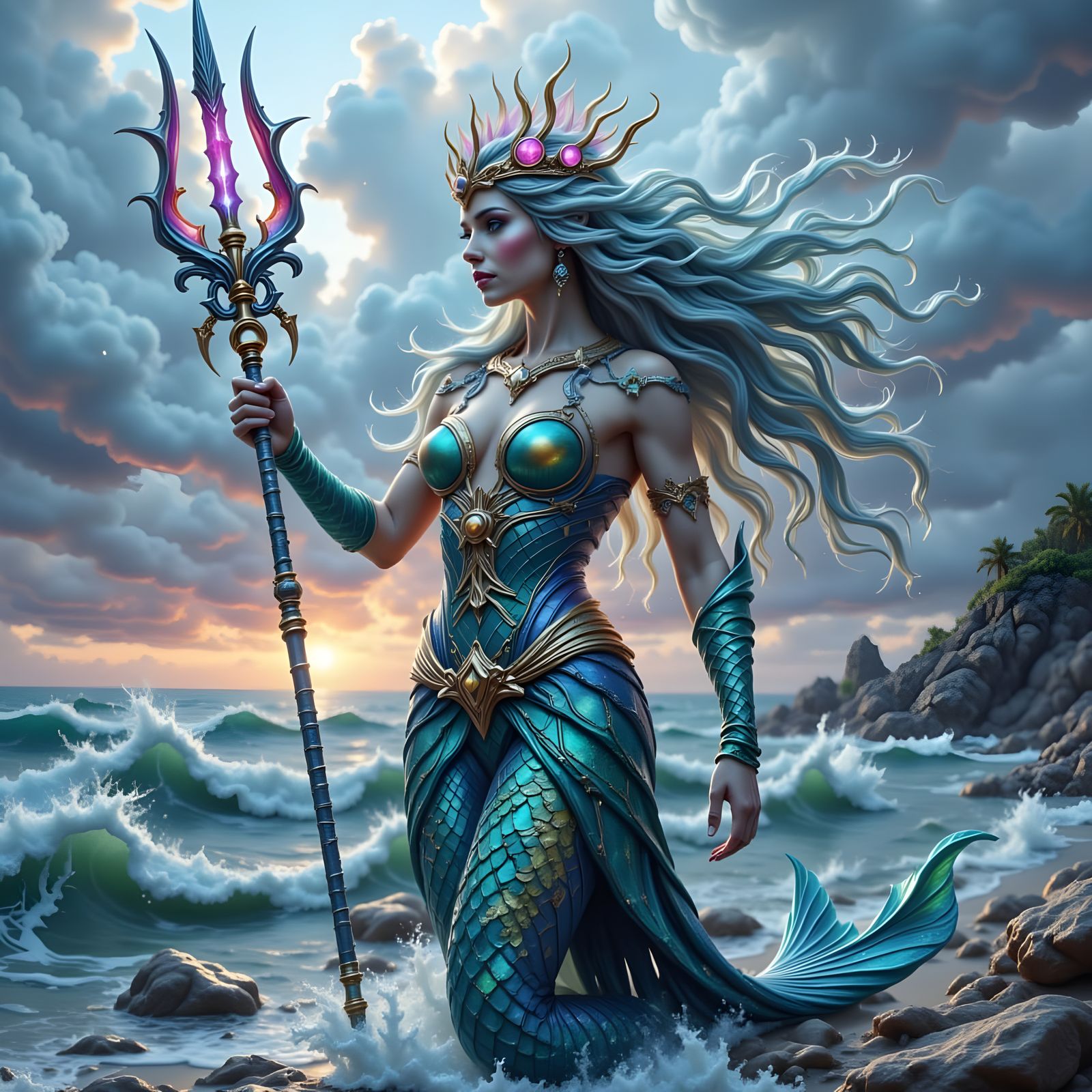 Fierce Mermaid Warrior Overlooking Stormy Sea