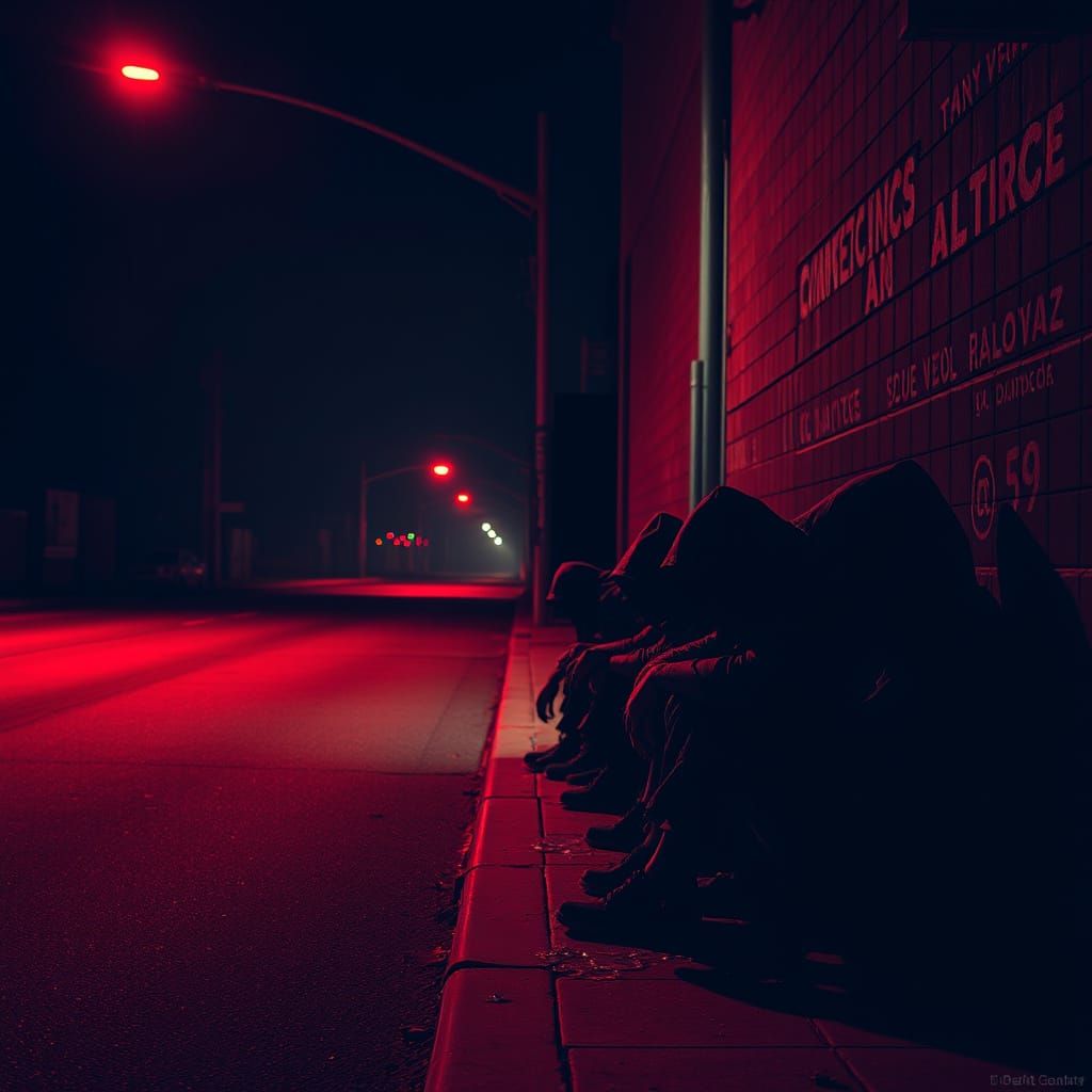 Dark Street Scene with Hooded Figures