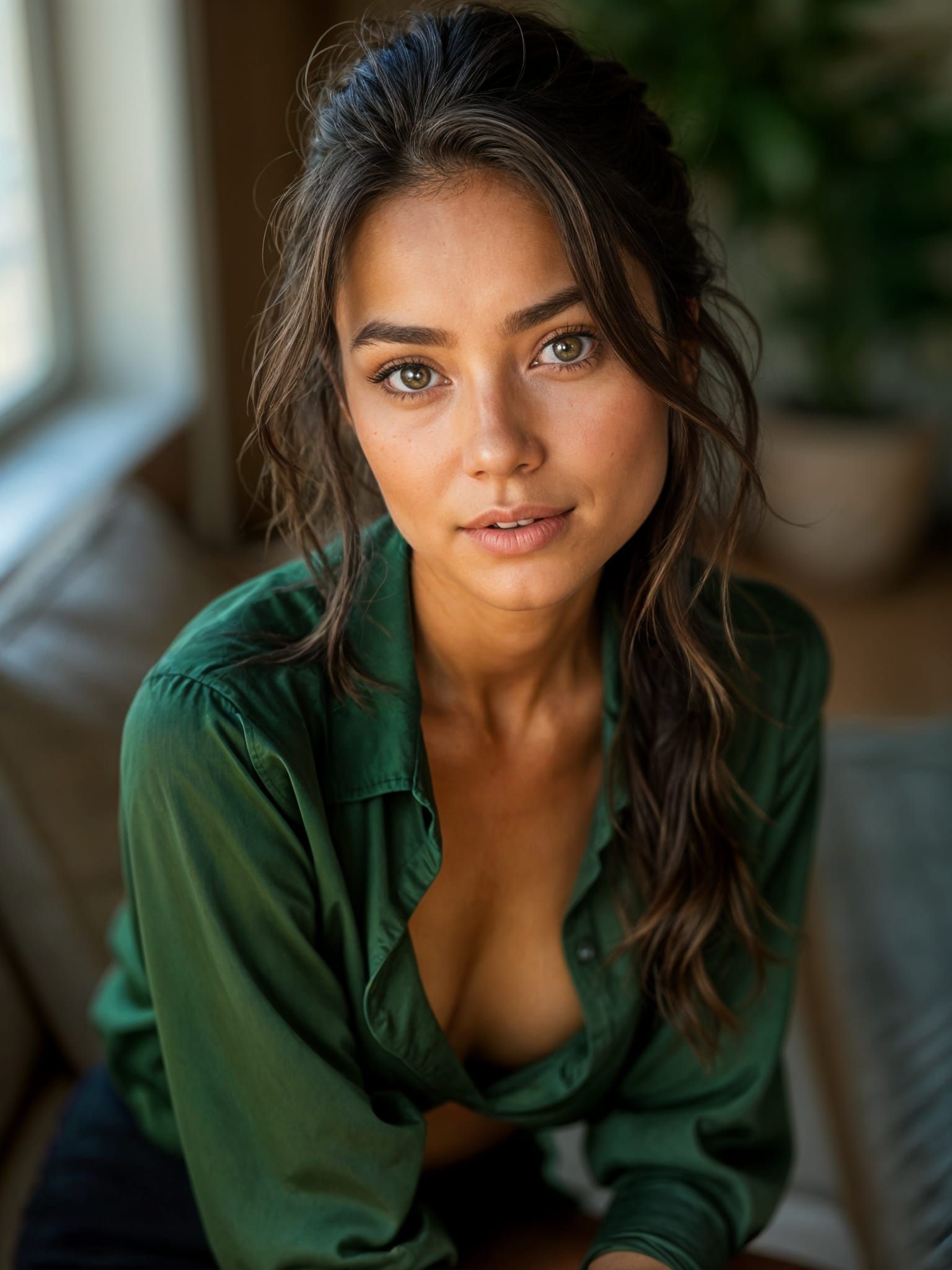 Young Woman in Natural Beauty, Dark Green Blouse, and Soft L...