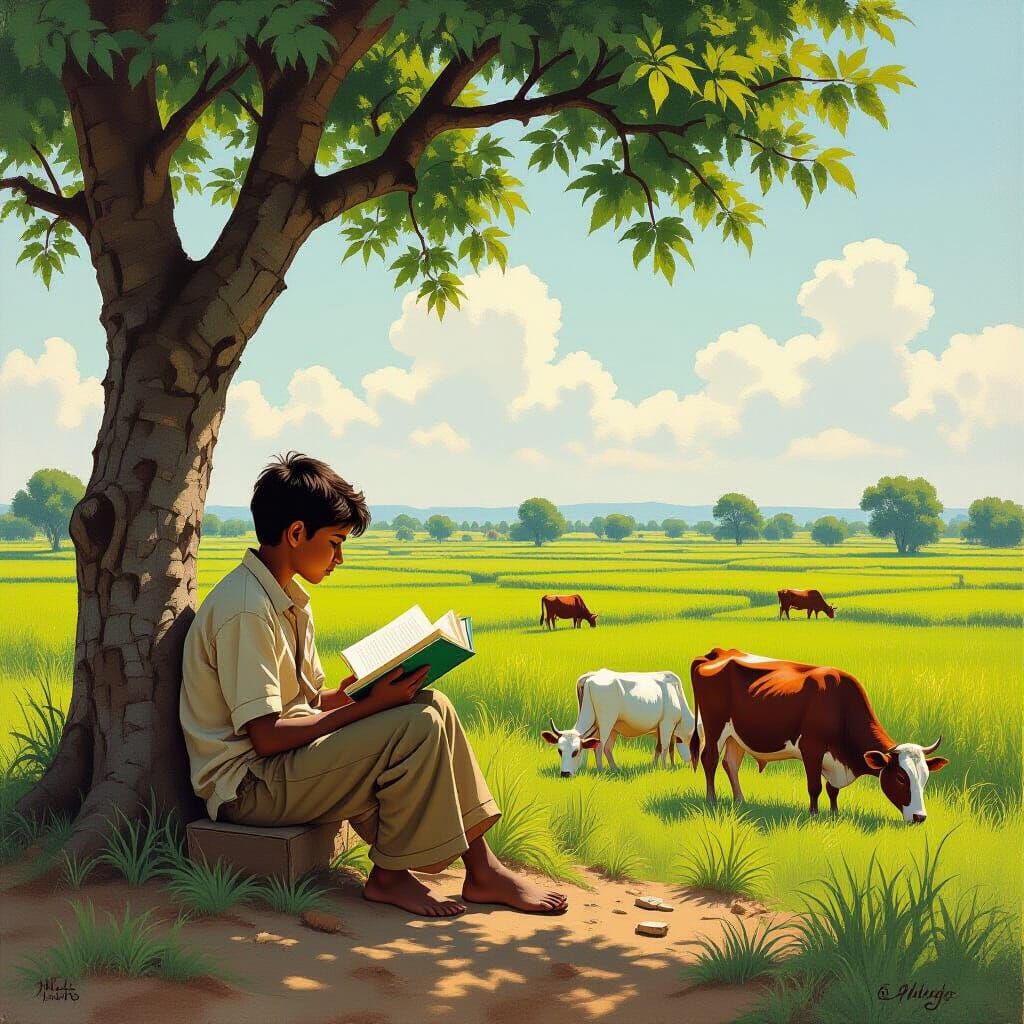 Boy Reading Under Tree in Rustic Realism Style