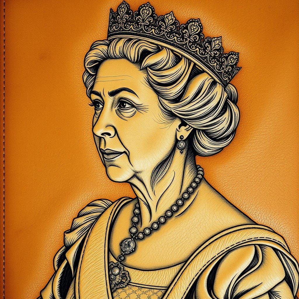 Scalpel Drawing of Queen Elizabeth on Leather in High Contra...