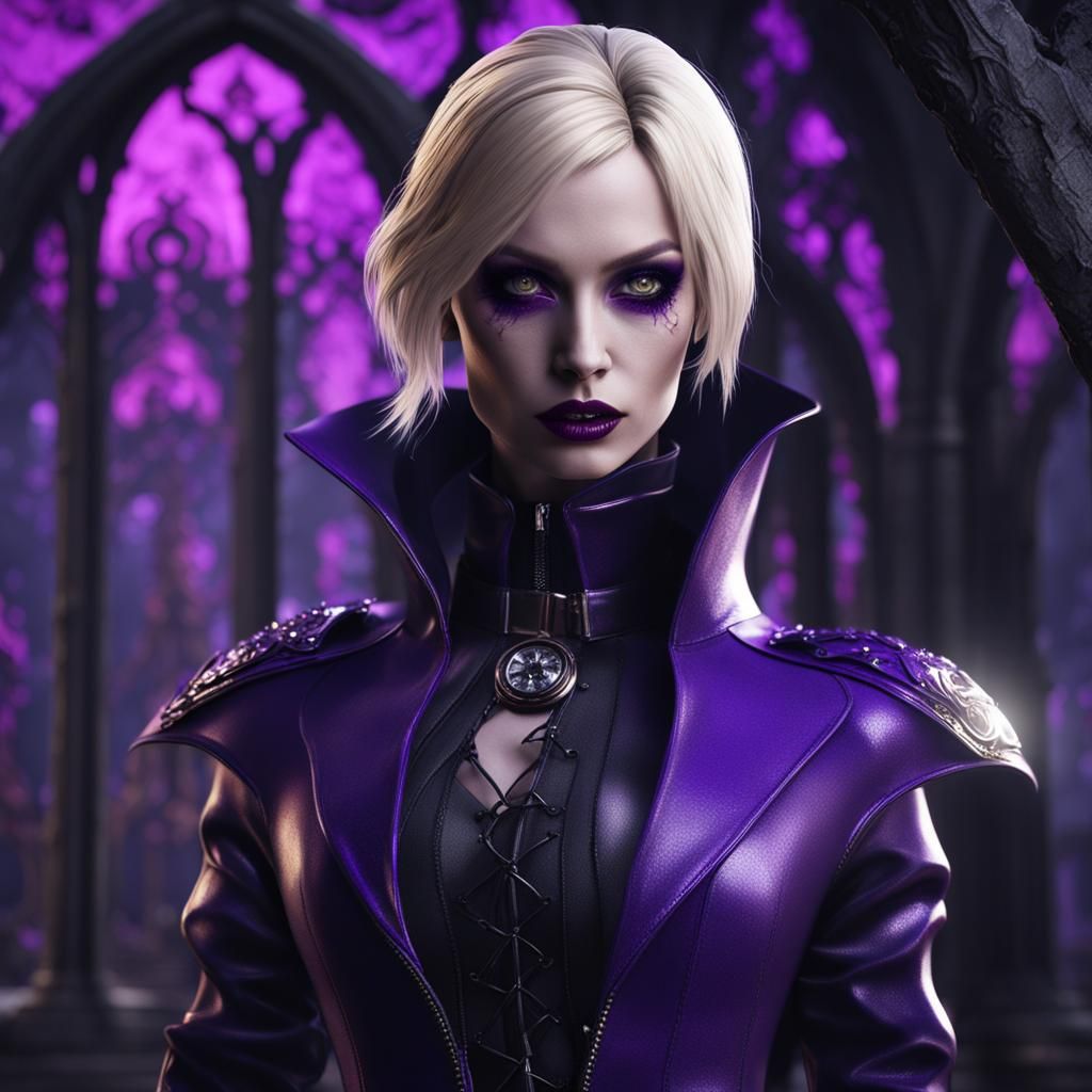 Gothic Vampire in Purple Latex Outfit